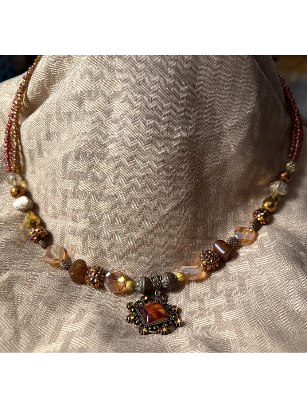 Boho Triple Strand Beaded Necklace Ornate Pendant Heart Toggle Amber Pink